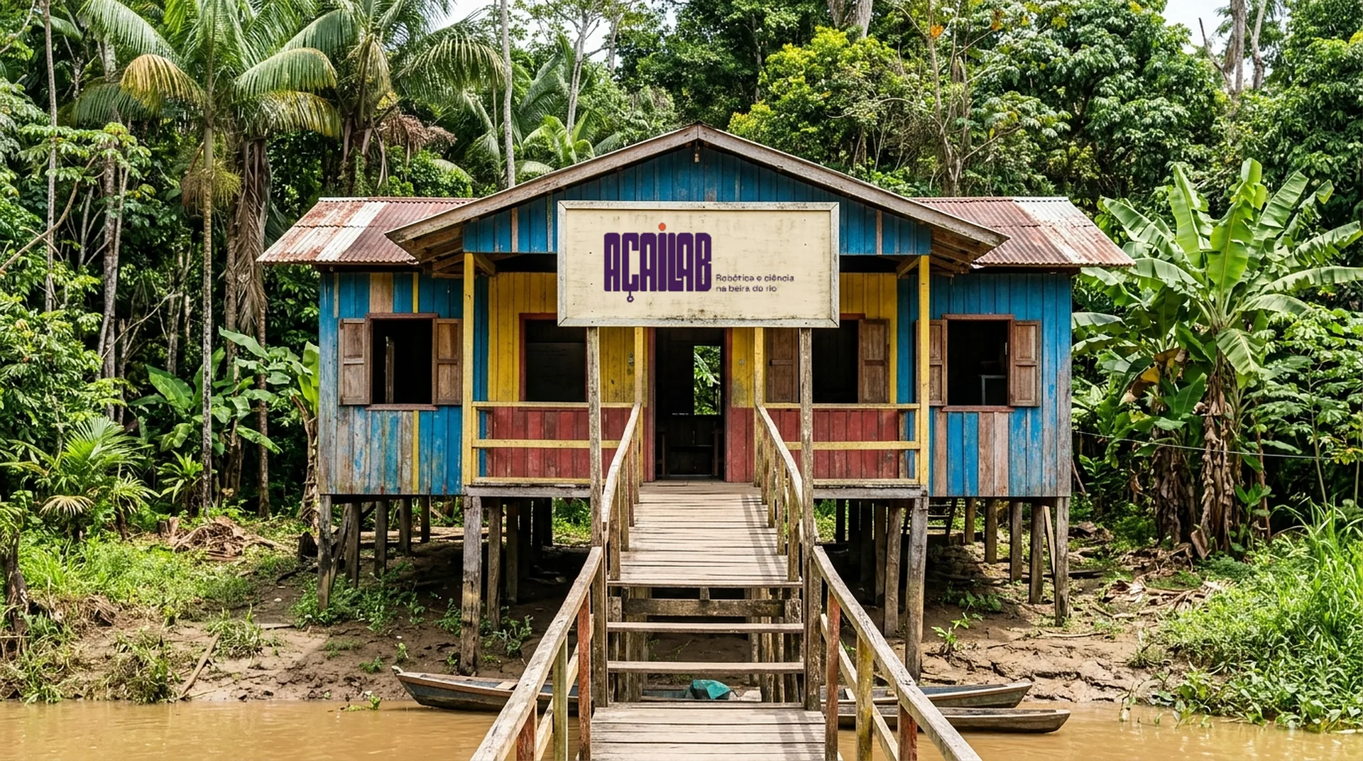 Fachada da escola com a placa do Açaí Lab