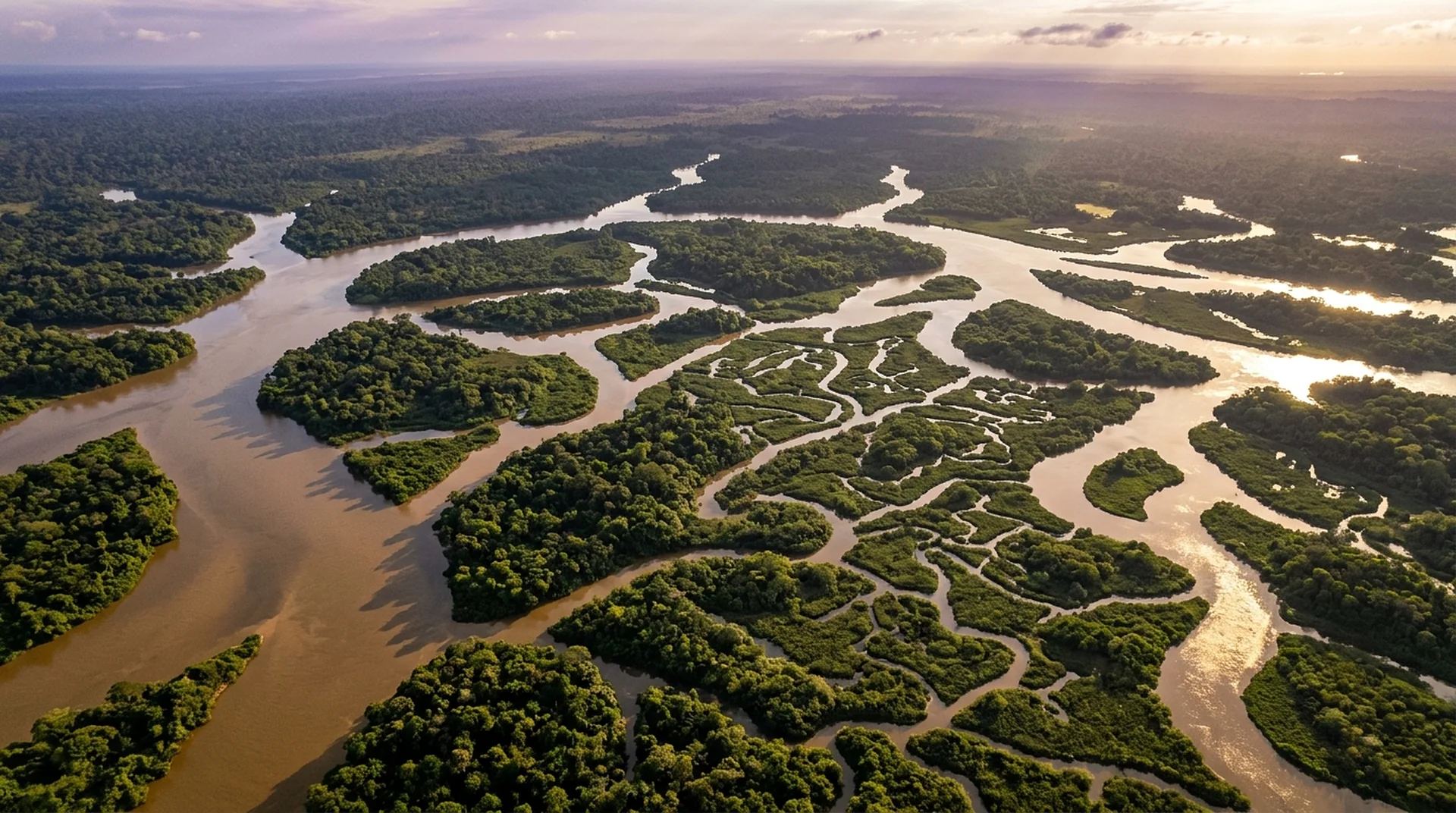 Vista aérea dos canais do rio entre ilhas de floresta