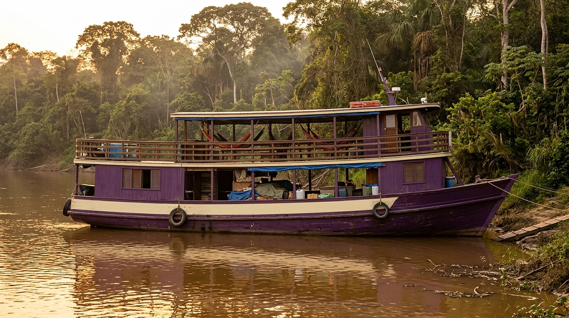 Barco de recreio roxo no rio